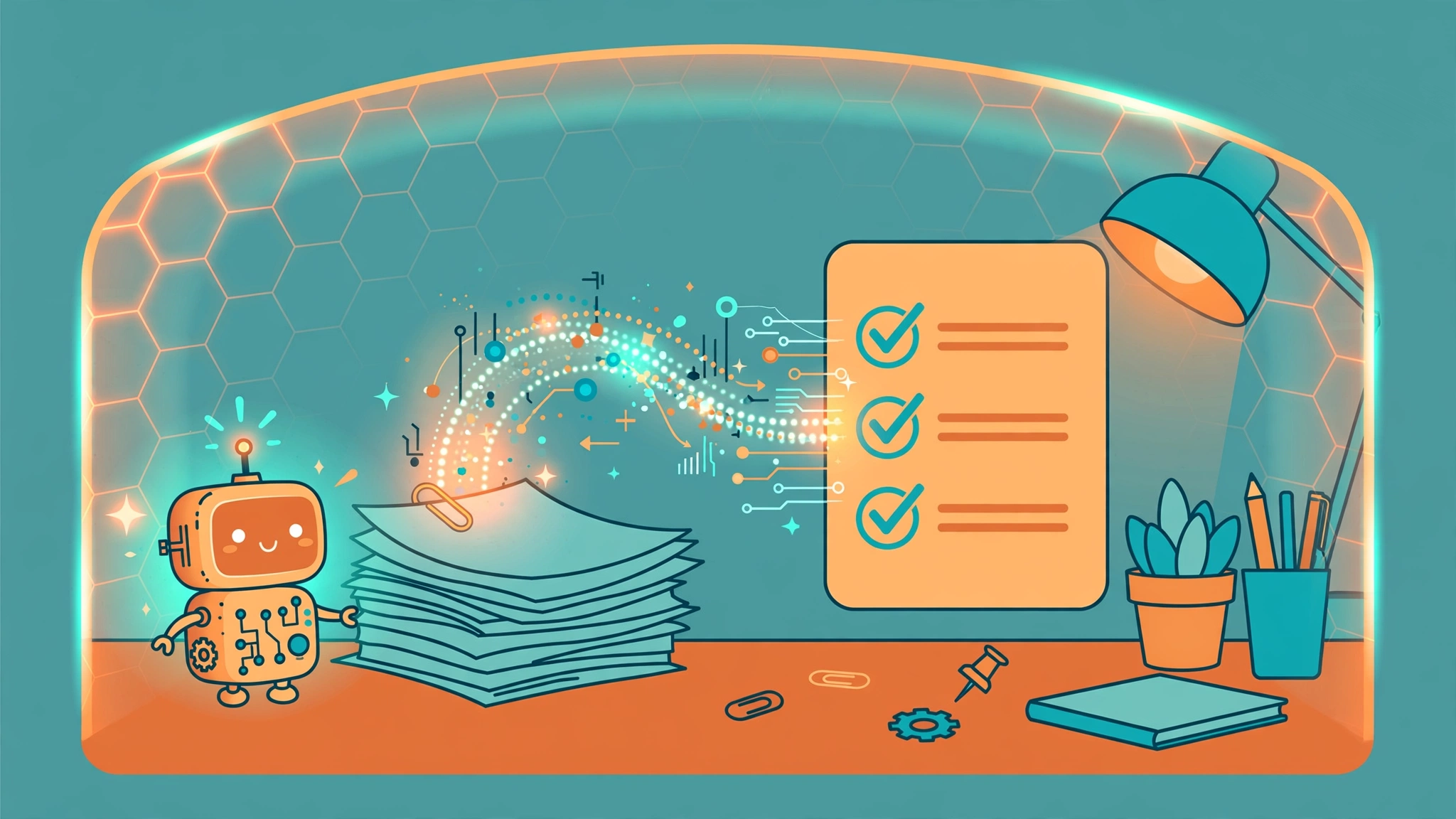 Wide flat illustration of a small open-weight AI model on a home computer turning a stack of scientific papers into a short cited report, data flow shown behind a shield-like firewall boundary, clean modern style, no text, no logos, no people