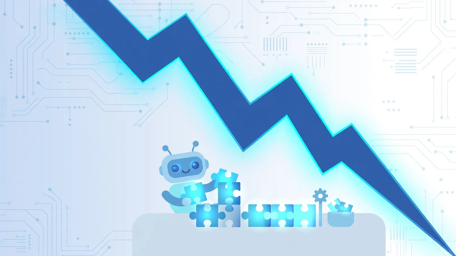 Flat illustration of a blue lightning bolt and a small robot assembling glowing code blocks
