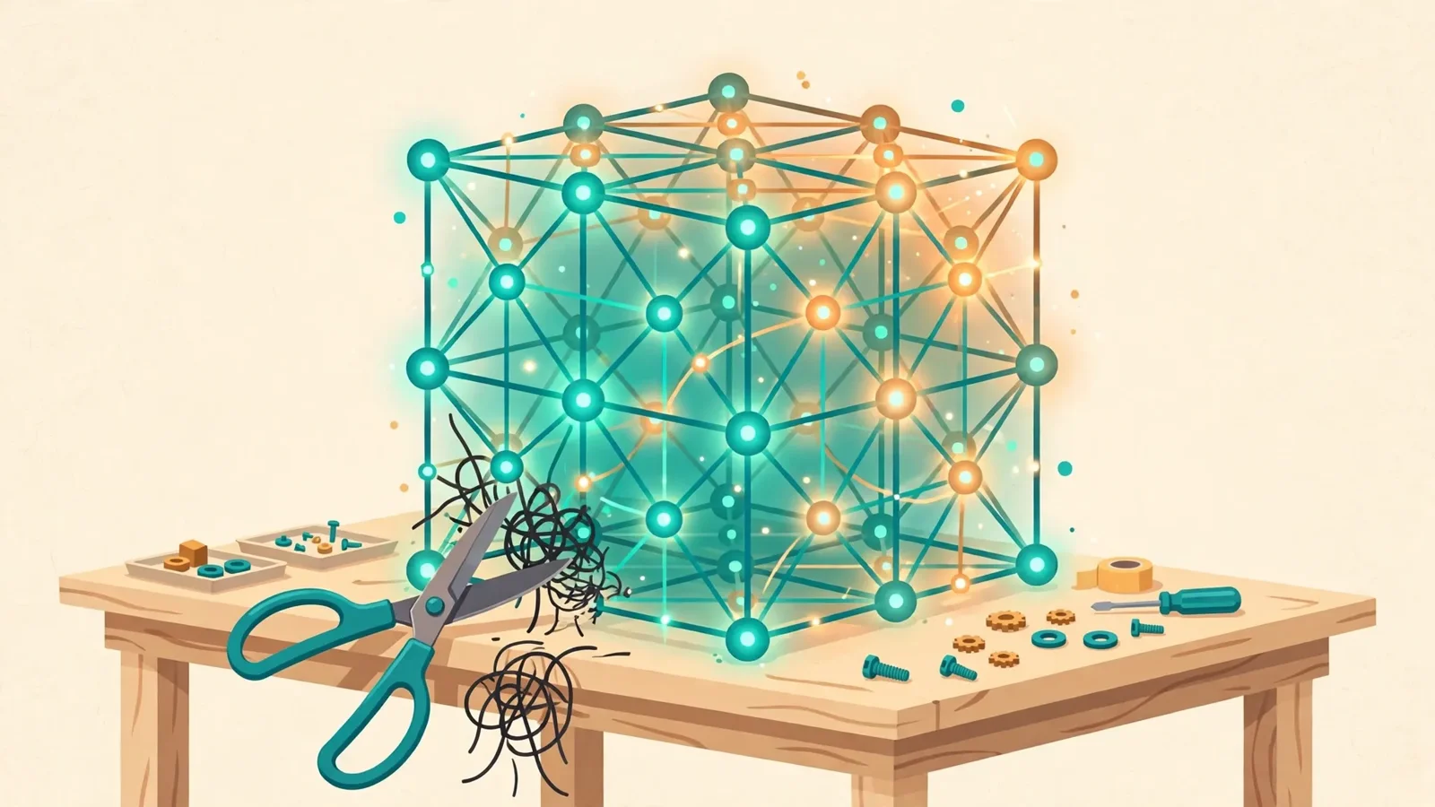 A glowing cube of connected nodes on a workbench with shears trimming dark tangled wires from one corner