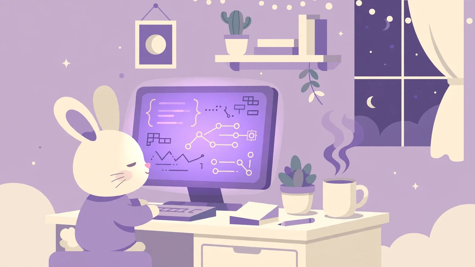 Flat illustration of a small rabbit working at a computer terminal, in soft purples and cream tones