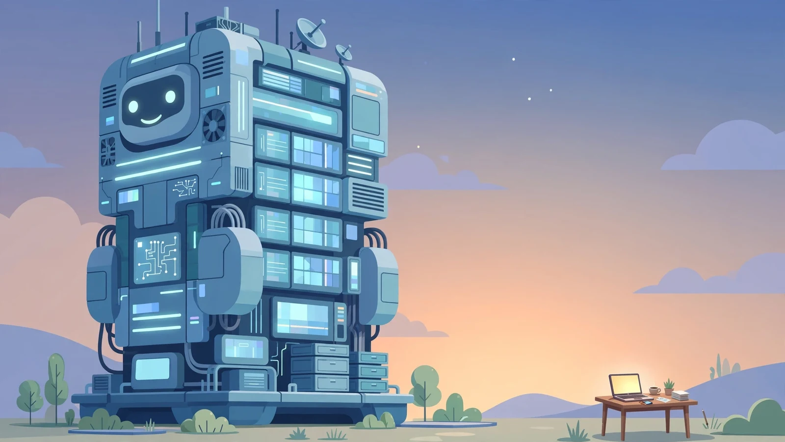 Flat illustration of a giant robot-server towering over a tiny laptop on a desk, showing the scale gap between a trillion-parameter model and a home PC