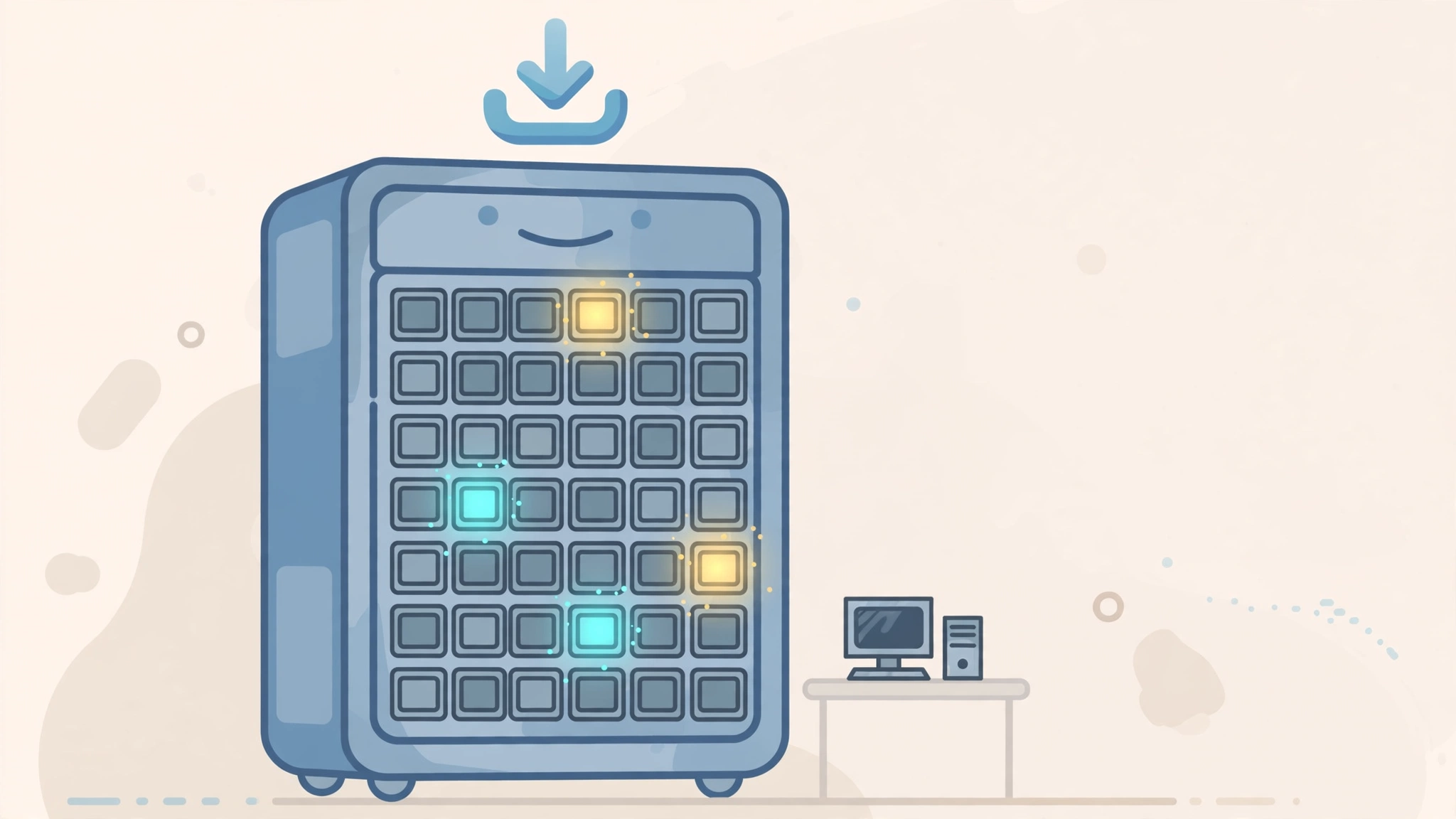 Flat illustration of a large server rack with a few glowing modules beside a small desktop computer, with a download arrow above the rack