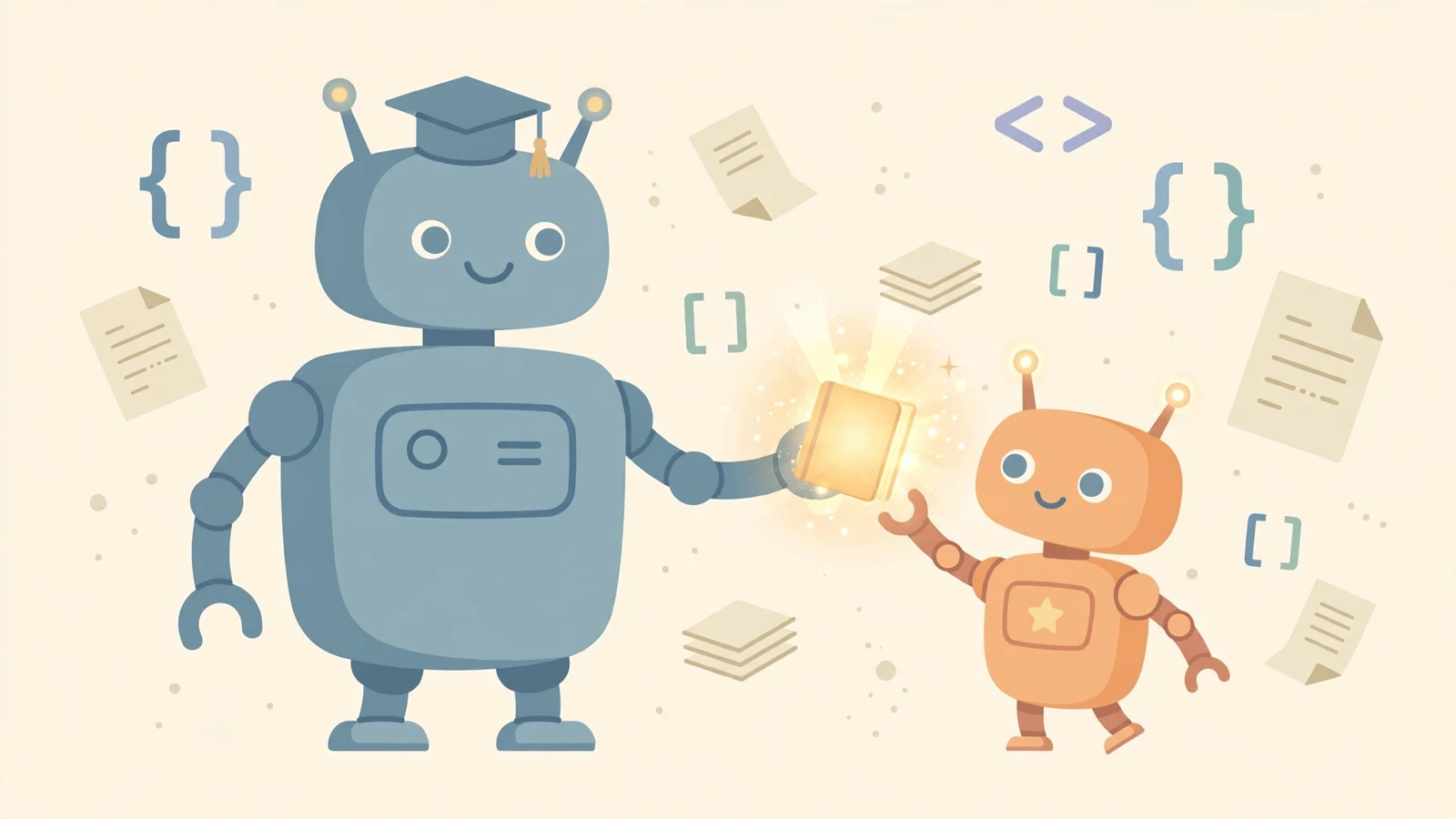 A large teacher robot in a graduation cap passing a glowing book to a smaller apprentice robot, with code symbols and documents around them