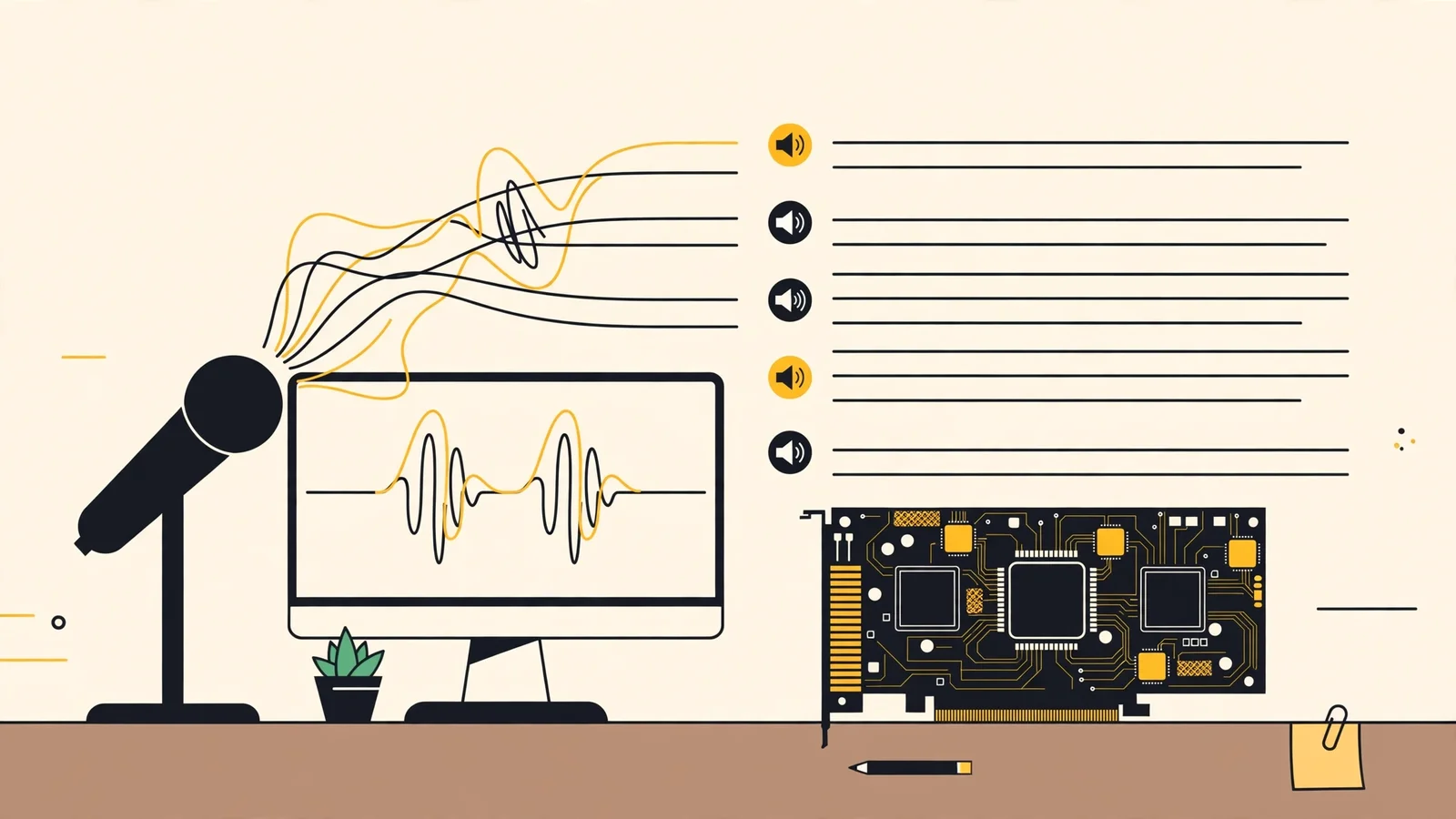 Flat illustration of a microphone feeding sound waves into a computer that produces lines of transcript with speaker labels, beside a graphics card