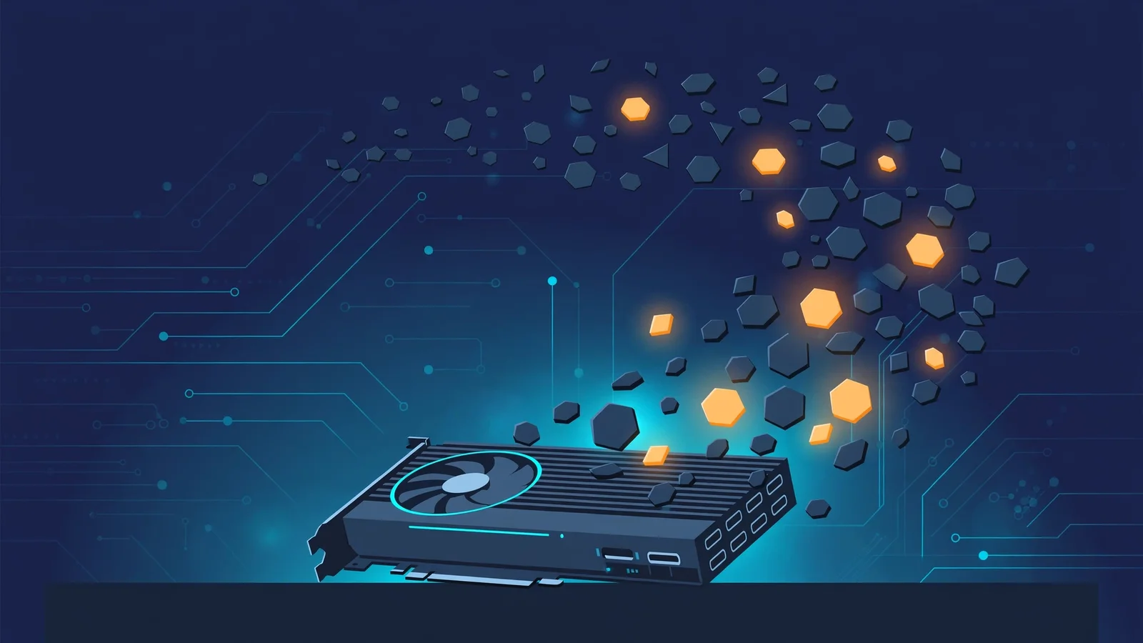 Flat illustration of a single desktop GPU with glowing amber tiles representing active mixture-of-experts tiles orbiting toward it