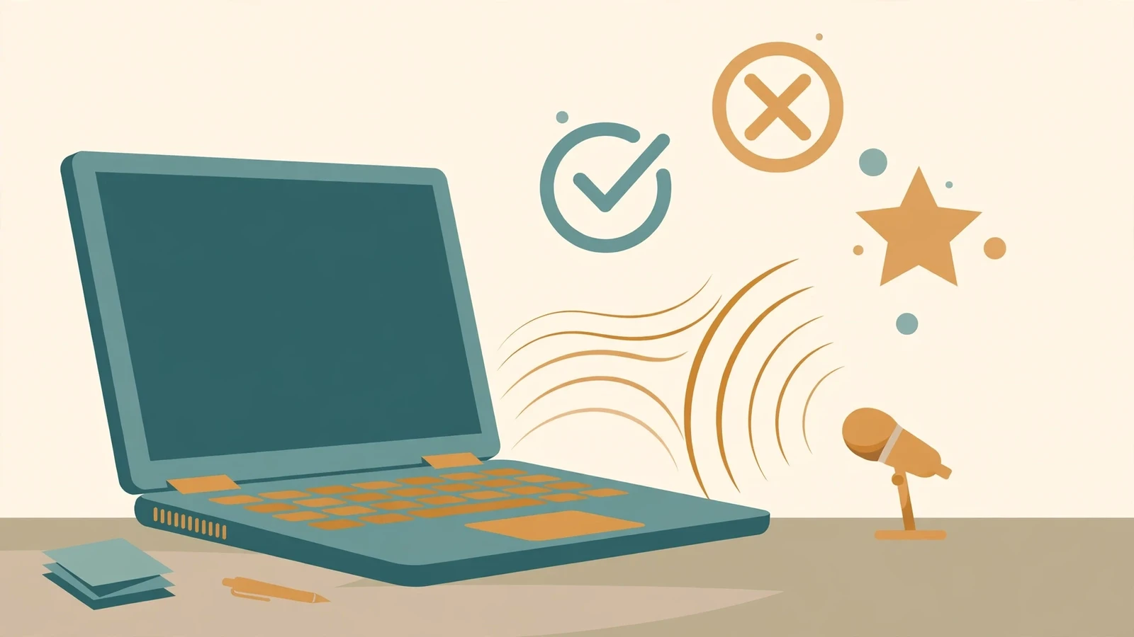 Flat illustration of a laptop with sound waves flowing toward a microphone, beside check, cross, and star symbols