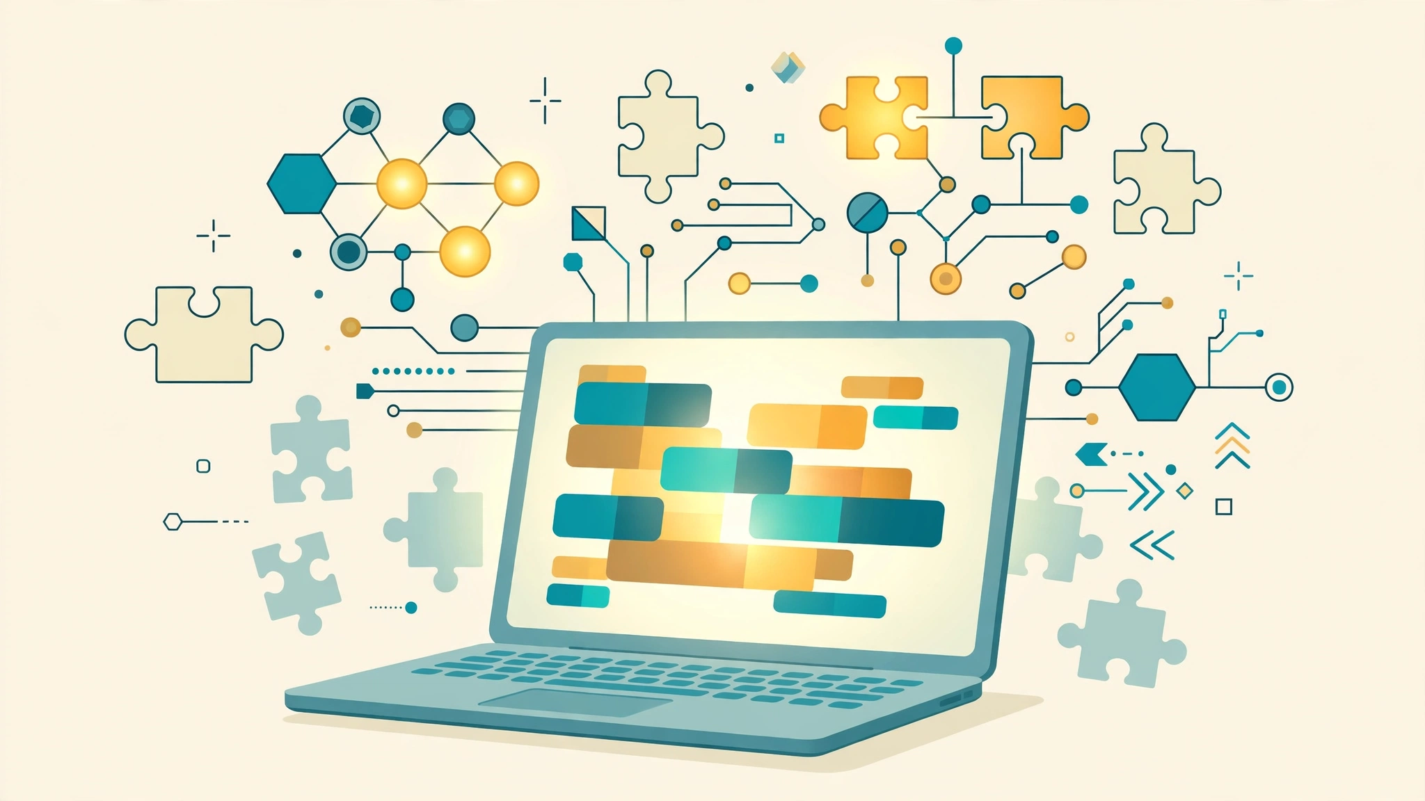 Flat illustration of a laptop with glowing code blocks, surrounded by puzzle-piece neural-network shapes and circuit nodes, some highlighted — a visual for a mixture-of-experts coding model