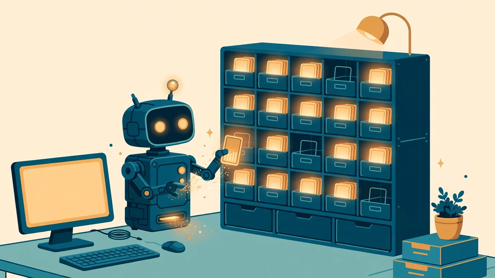 Flat illustration of a small robot filing glowing memory cards into an archive beside a home computer