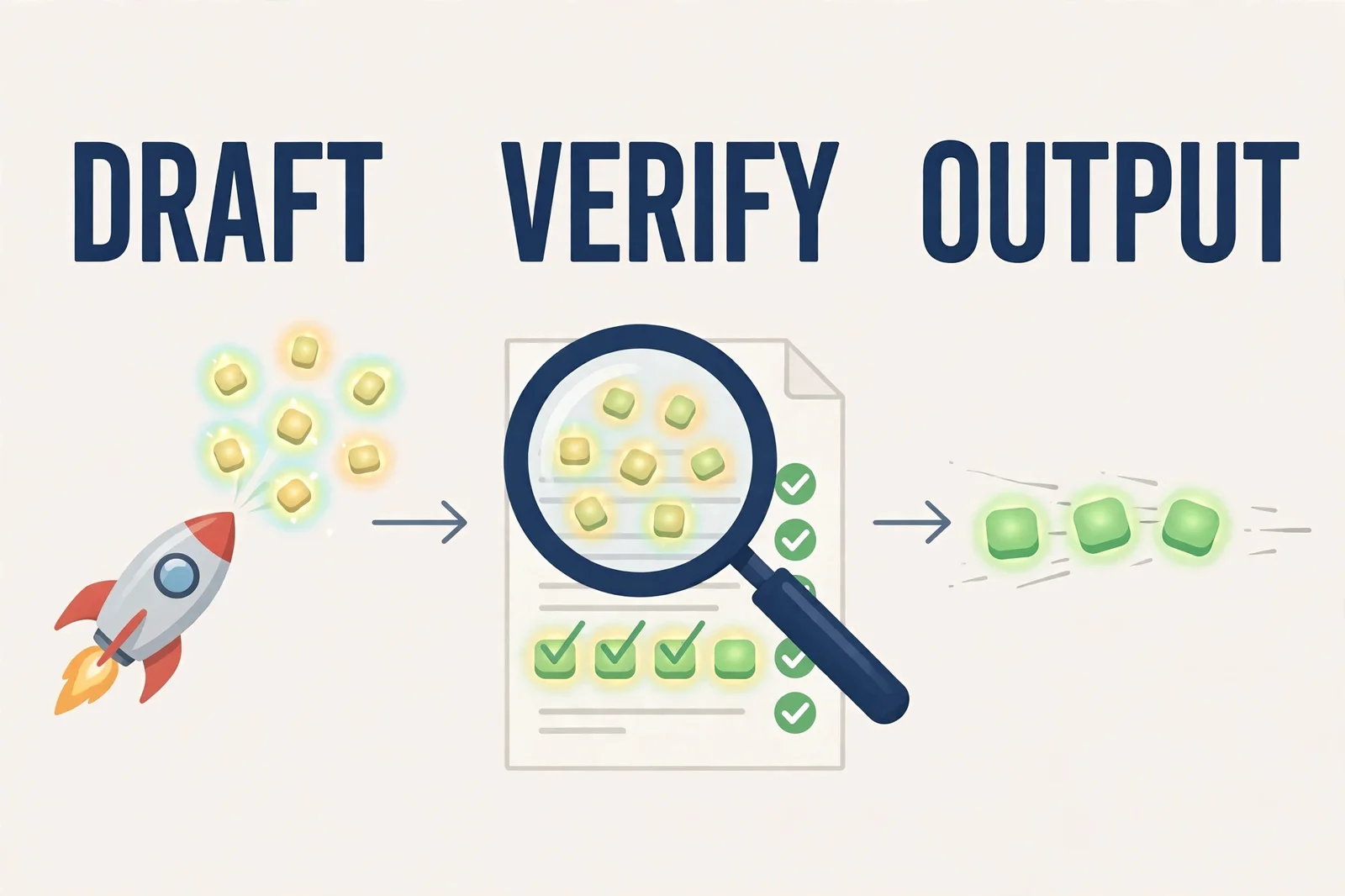 Simple diagram of exact speculative decoding in three steps: a small rocket drafts tokens, a magnifier verifies them against the document, and verified tokens stream out as output